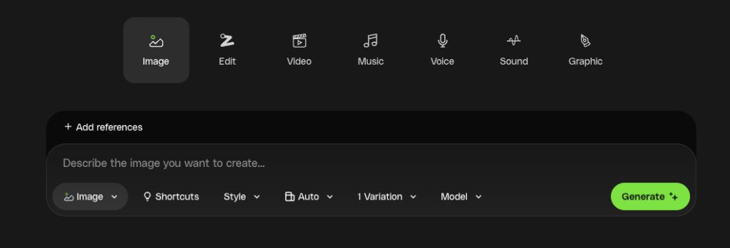 A dark-themed user interface for an image generation tool, showing input fields for description, options for image type, style, variations, and a green 'Generate' button.
