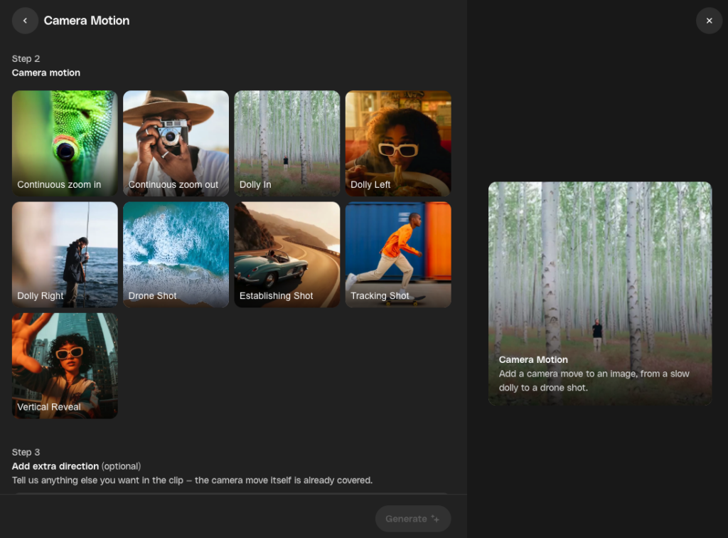 A screenshot of a camera motion selection interface, displaying nine thumbnail examples of different camera movements like zoom, dolly, drone, and tracking shots. A larger preview shows a 'Dolly In' effect on an image of a person in a birch forest.