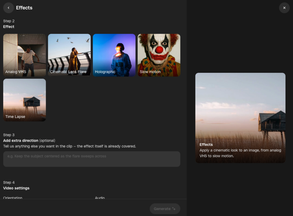 A user interface showing video effect options. Thumbnails include Analog VHS, Cinematic Lens Flare, Holographic, Slow motion, and Time Lapse. A preview of the Time Lapse effect is on the right, with a text field for adding extra directions.