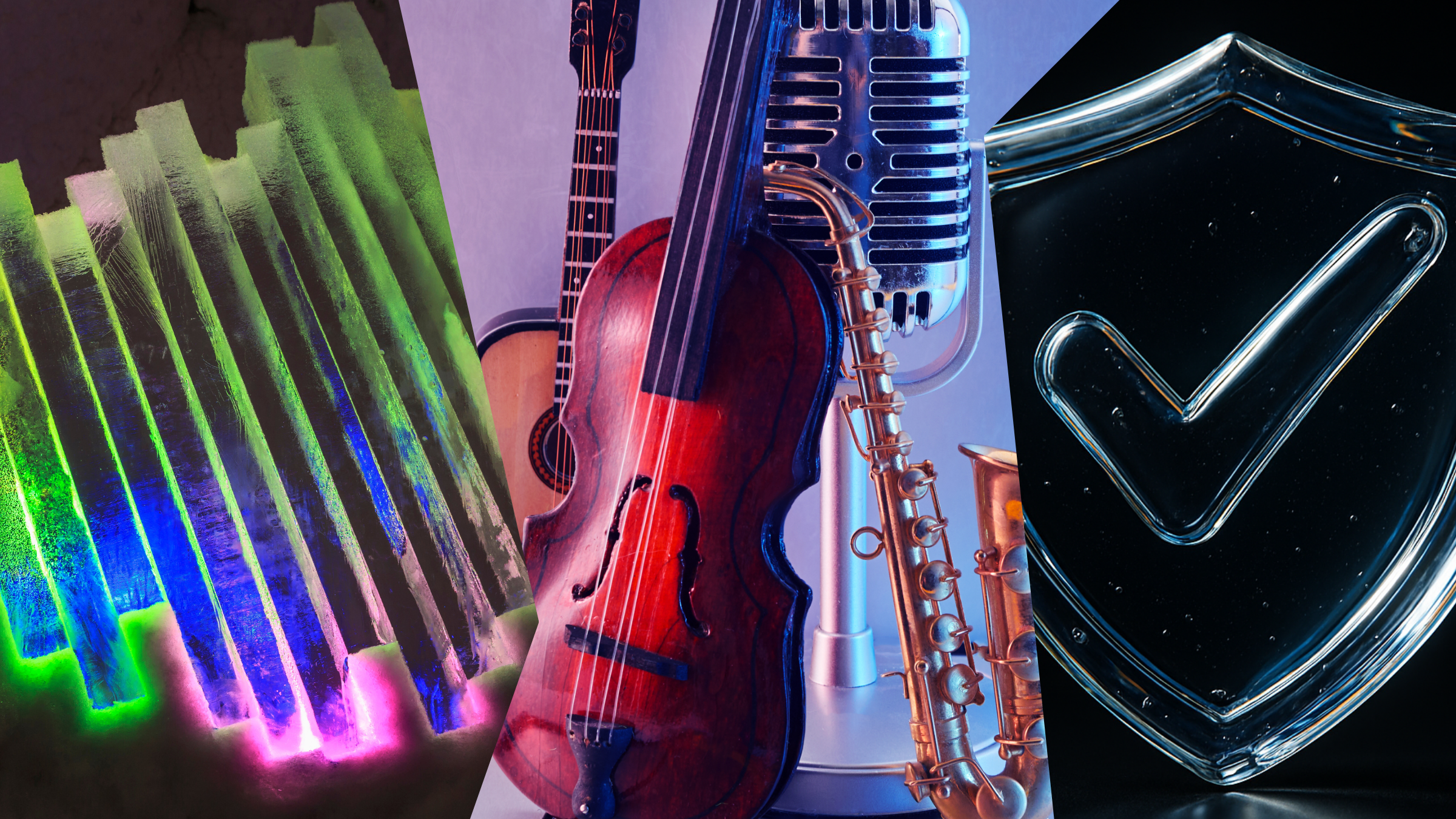 A triptych image showing neon-lit vertical panels on the left, musical instruments (guitar, cello, microphone, saxophone) in the center, and a clear glass shield with a checkmark on the right.