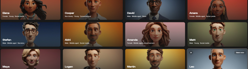 A grid of twelve diverse 3D stylized avatar characters, each with a name, gender/age, and suggested use case, such as 'Elena - Female Young Social media' or 'David - Male Middle-aged News'.
