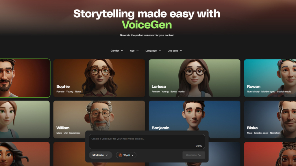 A screenshot of the VoiceGen AI voice generator web interface, showing a grid of stylized 3D character avatars representing different AI voice options. A text input box is visible at the bottom for creating a voiceover, with 'Wyatt' selected as the voice. The title 'Storytelling made easy with VoiceGen' is at the top.