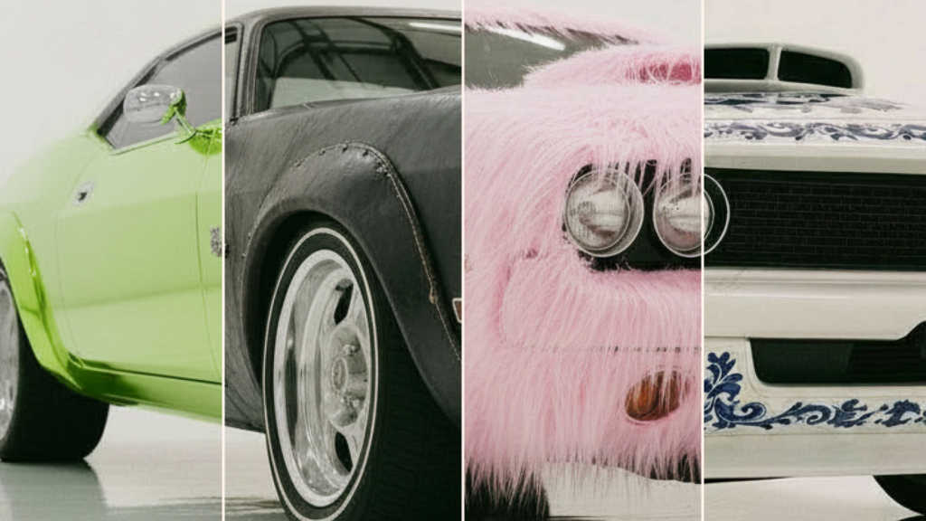 A collage of four distinct custom cars: a glossy lime green muscle car, a dark car with textured fenders, a pink faux fur-covered car, and a white car with blue floral patterns and a hood scoop.