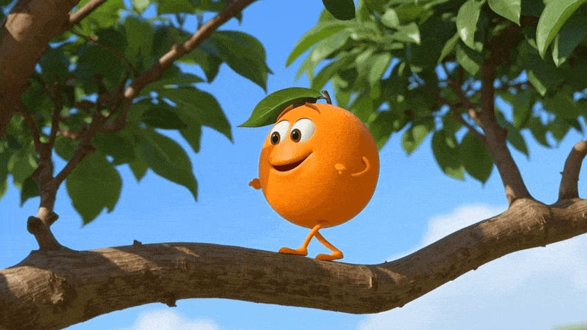 A cheerful, animated orange character with a face, arms, and legs, walking on a tree branch against a blue sky.