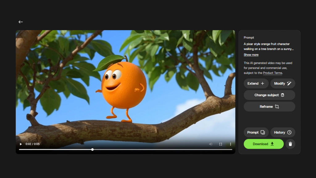 Screenshot of an AI video generation interface showing a 3D animated, happy orange fruit character with a leaf on its head, walking on a tree branch under a blue sky. UI elements for prompt, download, and video modification are visible on the right.