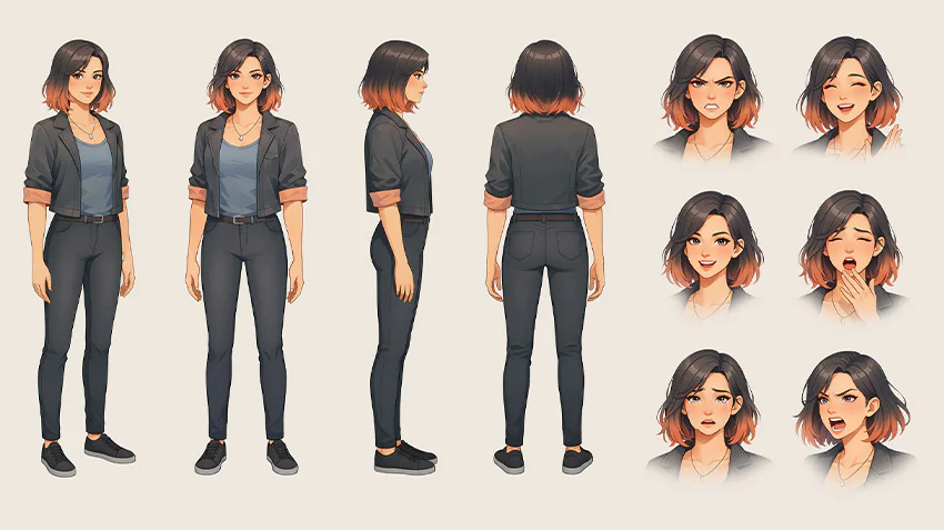 A character sheet featuring a young woman with dark hair and orange ombre tips. It includes four full-body poses (front, side, back) in a grey blazer, blue top, and grey pants, alongside eight distinct facial expressions showing emotions like anger, happiness, sadness, surprise, and determination.