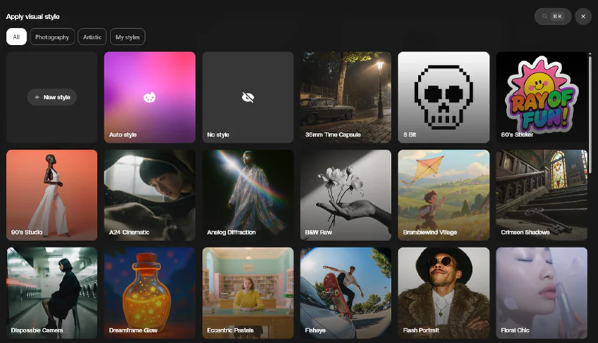 A dark user interface showing a grid of visual style options. Tabs at the top read 'All', 'Photography', 'Artistic', 'My styles'. Style previews include '35mm Time Capsule' (vintage street), '8 Bit' (pixelated skull), 'Analog Diffraction' (person with light flares), 'B&W Raw' (hand holding flowers), and 'Floral Chic' (person applying lipstick).