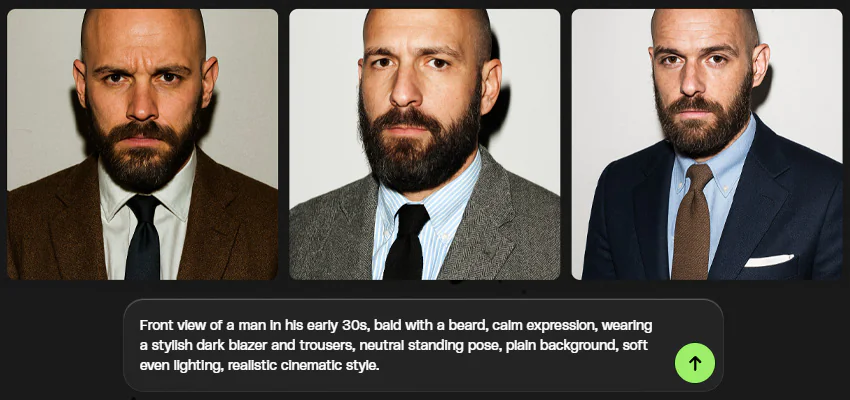 Three side-by-side portraits of a bald man with a dark beard, wearing different blazers and ties, against a light background. Below the images is a text prompt describing the desired image.
