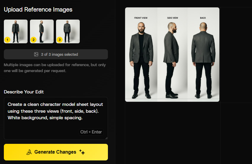 A screenshot of an AI image generation interface. On the left, three small reference images of a man in a blazer are uploaded, with a text prompt to 'Create a clean character model sheet layout using these three views (front, side, back). White background, simple spacing.' On the right, the generated output displays three large, high-quality images of the same man, labeled 'FRONT VIEW', 'SIDE VIEW', and 'BACK', arranged neatly on a white background.