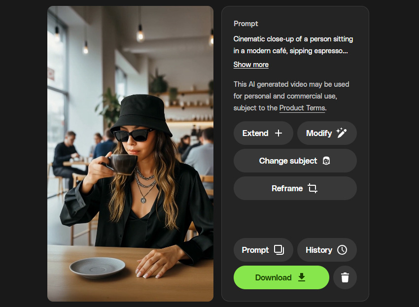 A user interface showing an AI-generated image of a woman in a black bucket hat and sunglasses sipping from a cup in a modern cafe, alongside generation controls and prompt text.