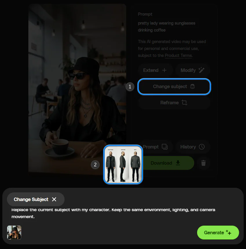 A screenshot of an AI video generation interface showing a woman in a cafe. A 'Change subject' button is highlighted, and a dialog box explains the feature to replace the subject while keeping the environment, lighting, and camera movement consistent.