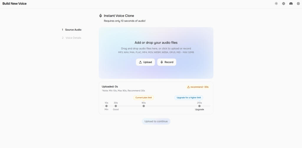 A user interface for an 'Instant Voice Clone' feature, showing options to upload or record audio files. It highlights that only 10 seconds of audio are required, specifies supported file types, and displays current plan limits for audio duration.