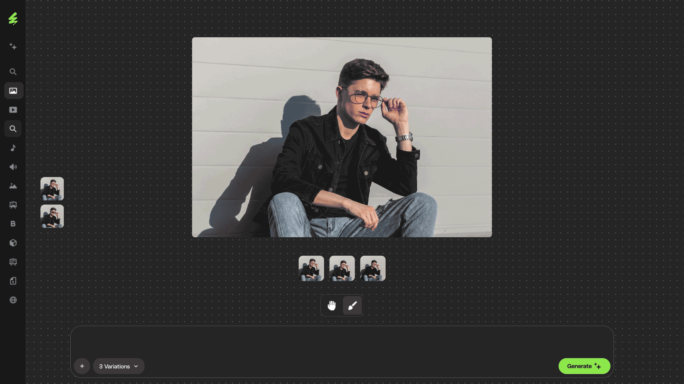 A young man in a black denim jacket and ripped jeans sits against a light gray wall, adjusting his round glasses with a thoughtful expression.