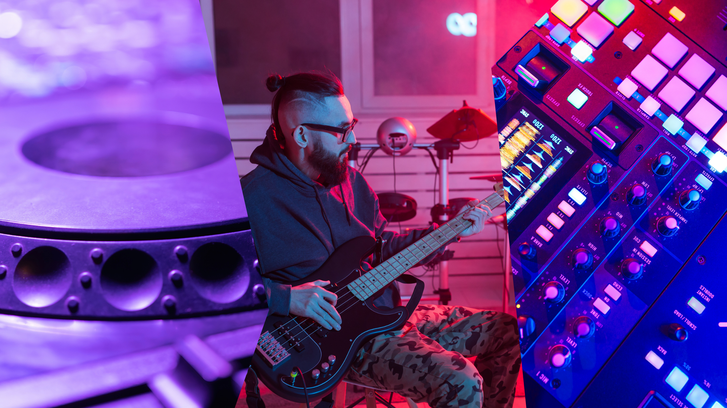 A triptych image showing a DJ turntable on the left, a man playing a bass guitar in the center, and a DJ mixer on the right, all illuminated by vibrant neon purple, red, and blue lights.