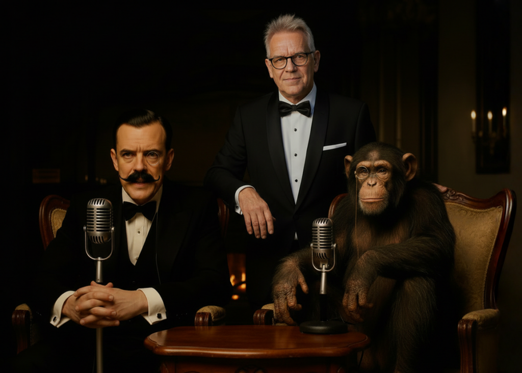 AI YouTube channel: Three figures, two men and a chimpanzee, in tuxedos and monocles, seated and standing around vintage microphones in a dark, formal setting.