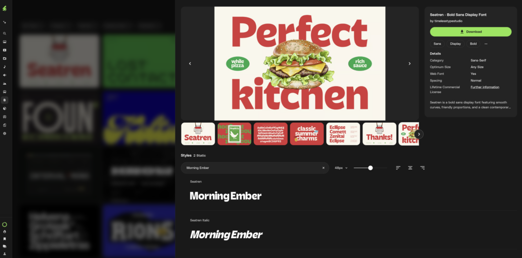 A screenshot of a font library website displaying the 'Seatren - Bold Sans Display Font.' The main graphic shows 'Perfect kitchen' in bold red with a hamburger, alongside font details, various preview cards, and a type tester showing 'Morning Ember' in regular and italic styles.