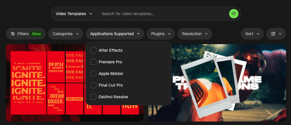 A dark-themed user interface for video templates, showing a search bar, filter options, and an open dropdown for 'Applications Supported' listing After Effects, Premiere Pro, Apple Motion, Final Cut Pro, and DaVinci Resolve. Two template previews are visible below, one with motivational text in red and orange, and another with polaroid-style frames over an urban scene.