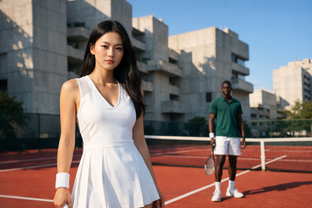 A young East Asian woman in a white tennis dress and wristband stands in sharp focus on a red tennis court, looking directly at the viewer. In the blurred background, a Black man in a green polo and white shorts stands with a racket. Concrete buildings are behind them under a blue sky.