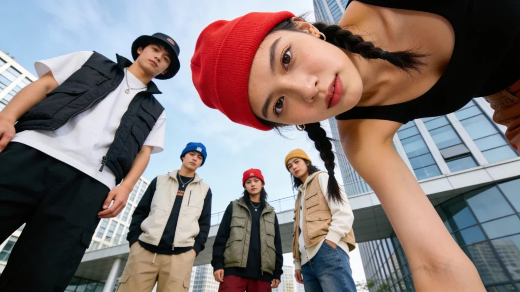 Five young people in streetwear, seen from a low angle against modern city buildings. One person in a red beanie leans into the camera, while four others stand behind them in various beanies and utility vests.