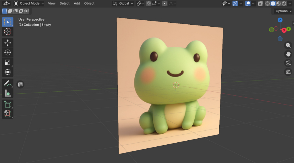 A screenshot of a 3D modeling software showing a cute, stylized green frog model with pink cheeks and a smile, set against a peach background within the software's grid interface.