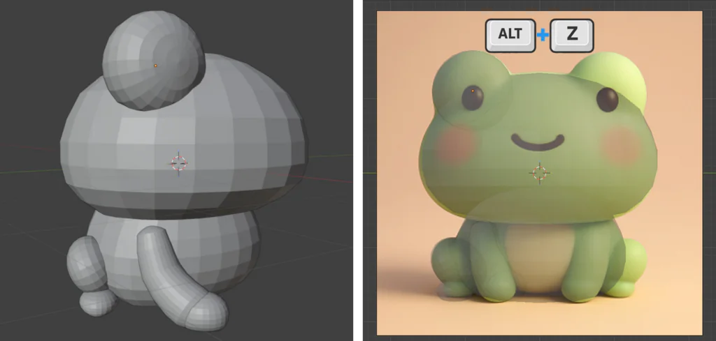 A side-by-side image showing a grey low-polygon 3D frog model on the left and its rendered, translucent green version with black eyes, mouth, and pink blush on the right. The right panel also shows 'ALT + Z' keyboard shortcut buttons.