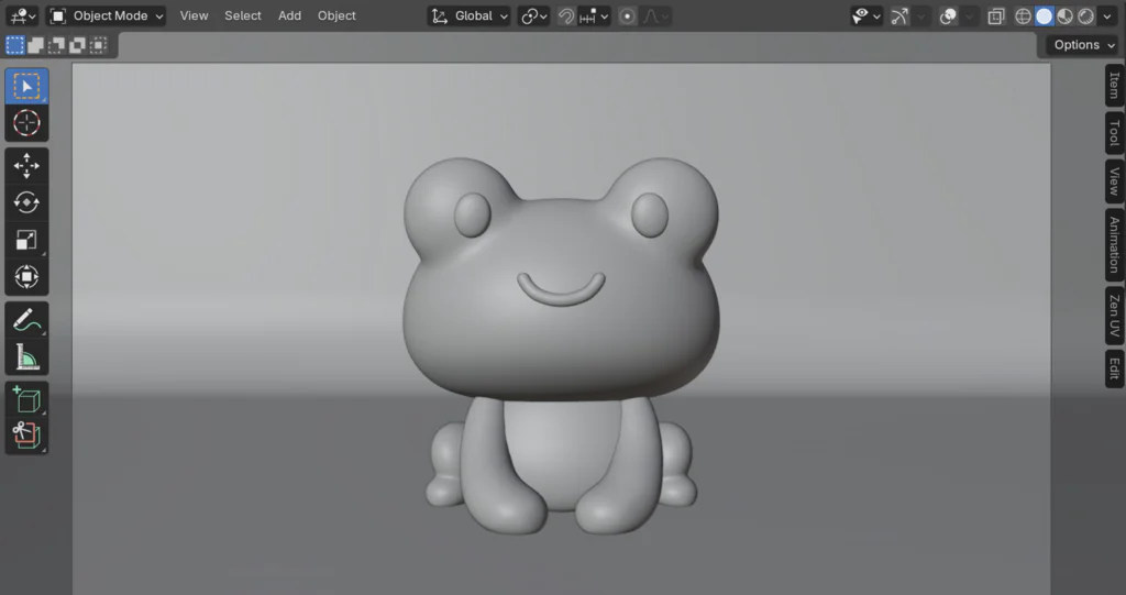 A gray 3D model of a cute, smiling frog with rounded features, displayed in a 3D modeling software interface.