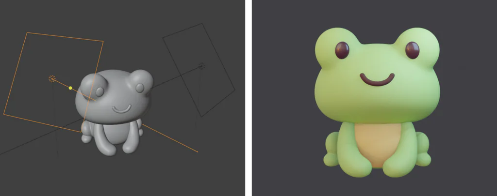 Two panels showing a 3D cartoon frog. Left: Gray wireframe model in a 3D software. Right: Rendered green frog with brown eyes and a smile.