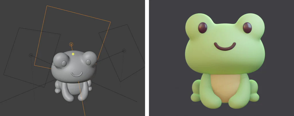 A split image showing a gray 3D frog model in a software interface on the left, and a rendered, colored green frog with a beige belly and brown eyes on a dark background on the right.