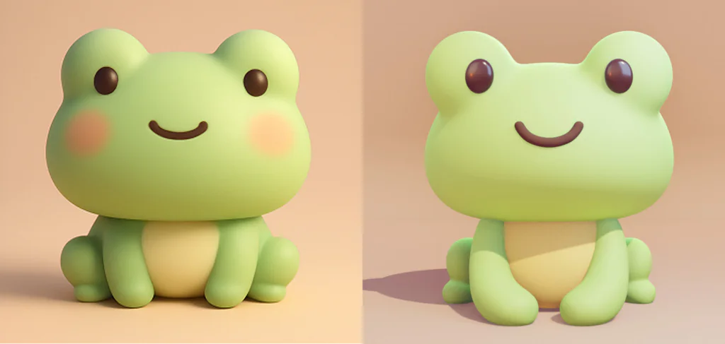 Two 3D rendered cartoon frogs, light green with yellow-green bellies, dark eyes, and curved smiles, sitting on a peach background. The frog on the left has pink blush marks.