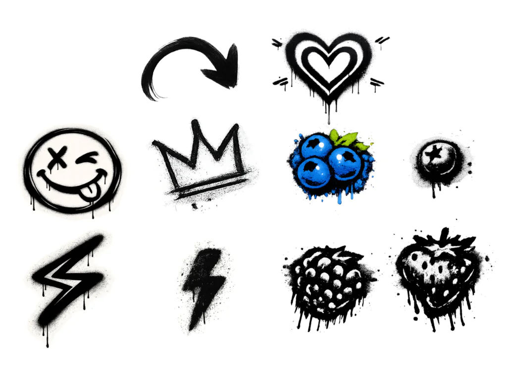 A grid of eleven graffiti-style spray paint illustrations on white: a curved arrow, a heart, a smiley face, a crown, blue blueberries, a black blueberry, two lightning bolts, a raspberry, and a strawberry.