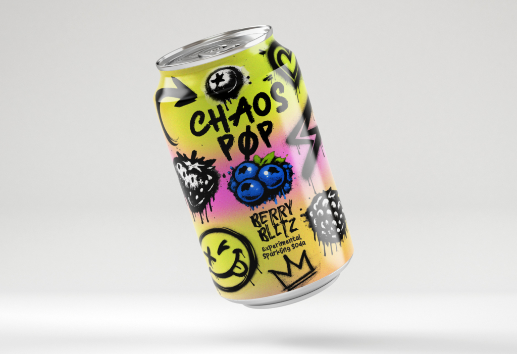 A can of Chaos Pop Berry Blitz Experimental Sparkling Soda with a vibrant, graffiti-style design featuring blueberries, strawberries, and blackberries.