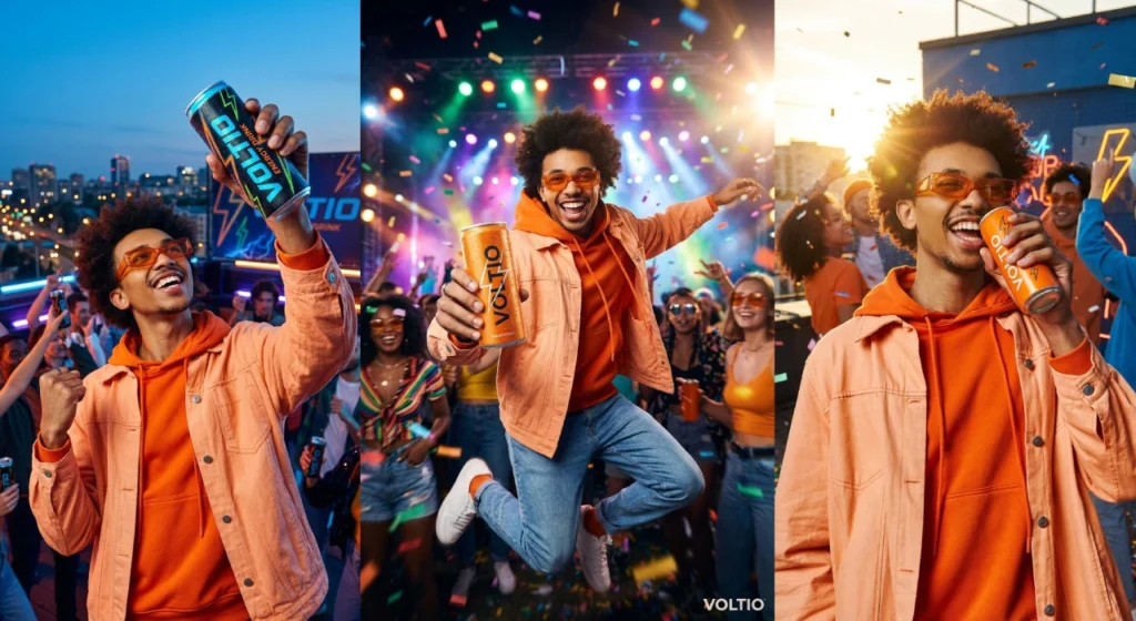 A t triptych of a man in orange sunglasses and hoodie at a lively party, holding and drinking Voltio energy drinks, with confetti and neon lights.