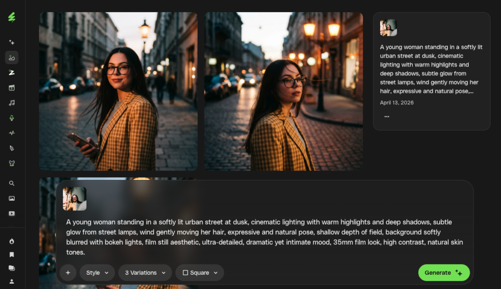 A screenshot of an AI image generation interface displaying two AI-generated images of a young woman in a plaid blazer on a softly lit city street at dusk, alongside text prompts and UI controls.
