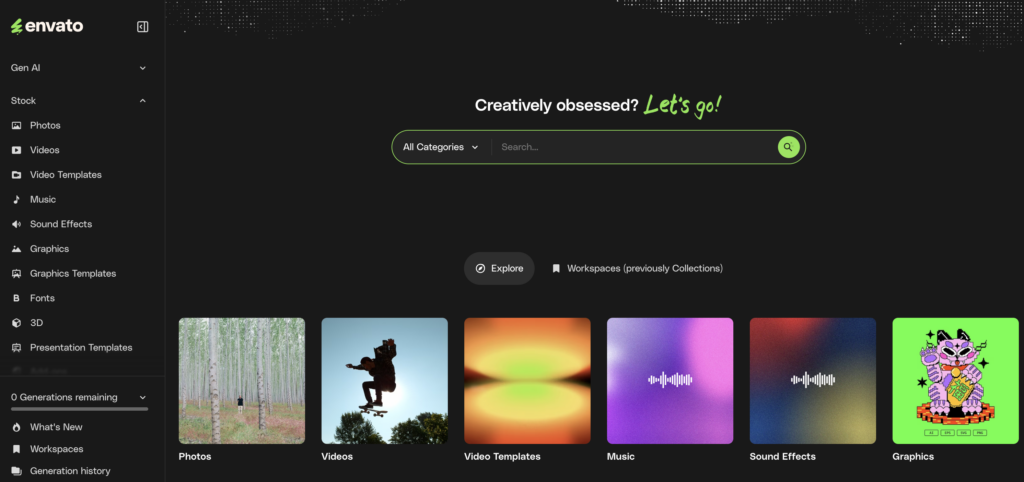 Screenshot of the Envato creative asset platform homepage, featuring a dark theme, left navigation menu, search bar, and a grid of content categories like photos, videos, music, and graphics.