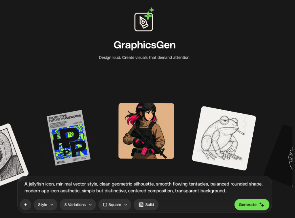 Screenshot of the GraphicsGen AI image generation interface, showing the logo, tagline, five example generated images, a text prompt for a jellyfish icon, and control buttons.