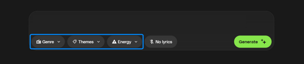 A dark user interface showing filter buttons for Genre, Themes, Energy, and No lyrics, next to a green 'Generate' button.