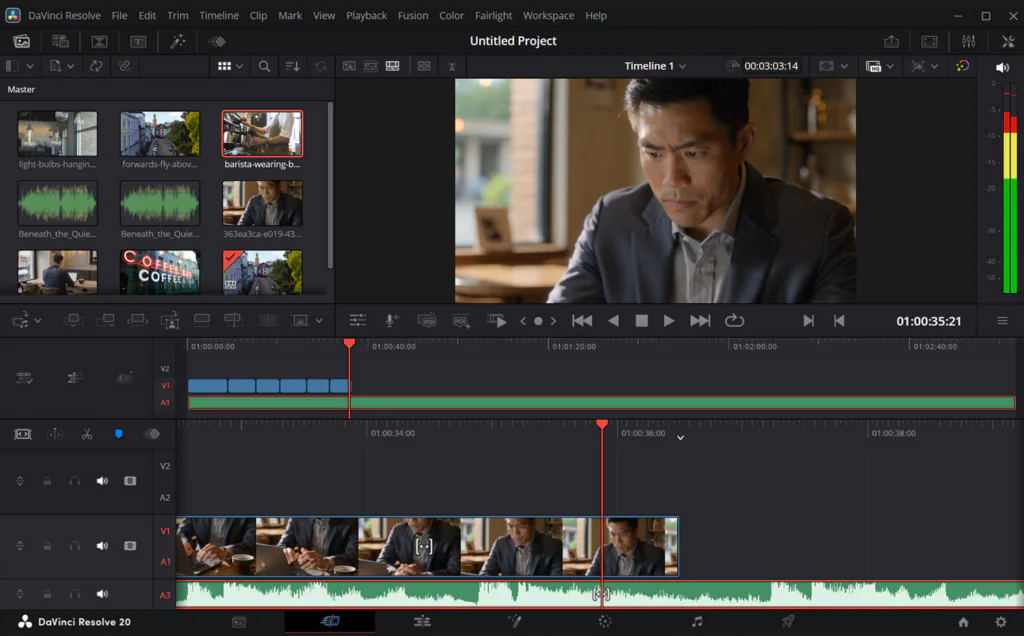 Screenshot of DaVinci Resolve 20 video editing software, showing a man in a suit in the viewer, media clips, and a timeline.