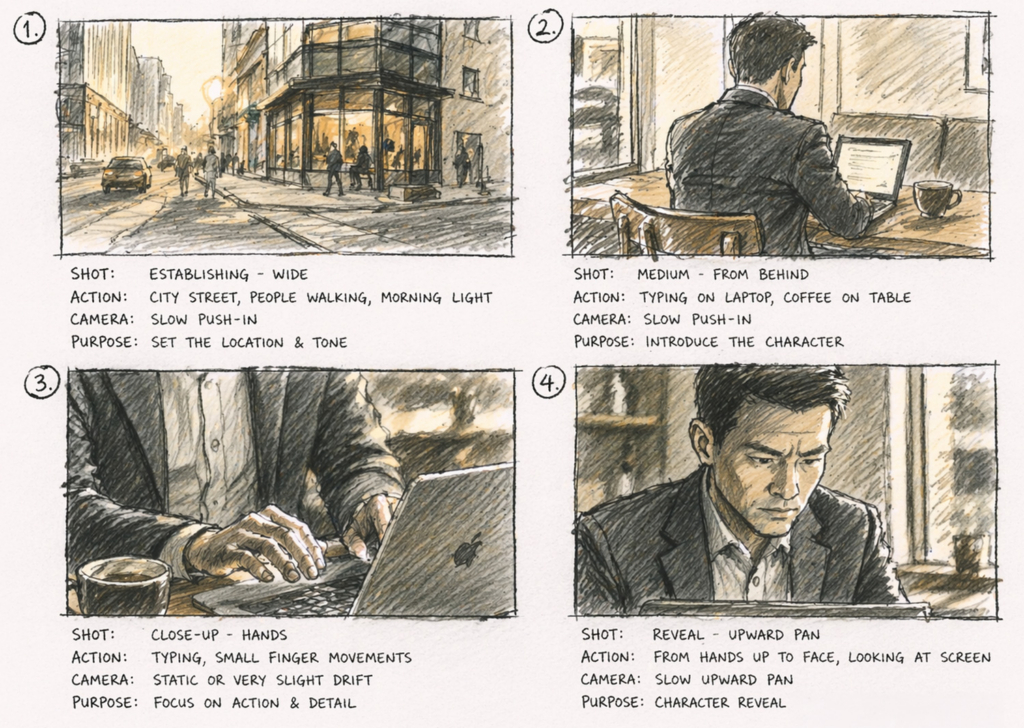 A hand-drawn storyboard showing four panels: a wide shot of a city street, a man typing on a laptop from behind, a close-up of his hands typing, and a close-up of his face looking at the screen.