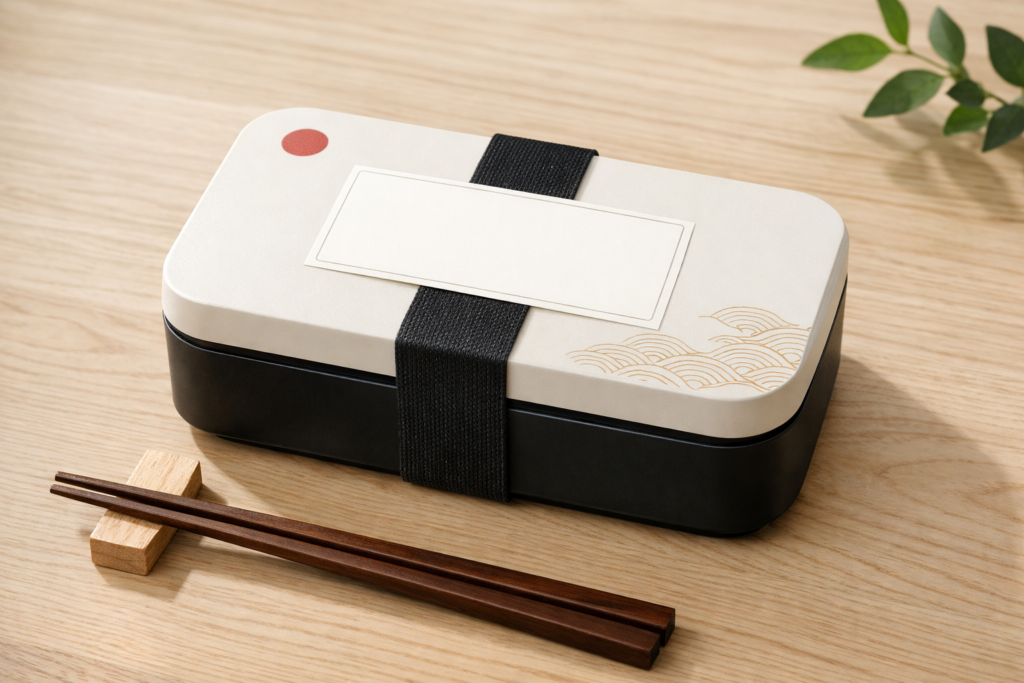 A two-toned bento box mockup image created with an AI image generator