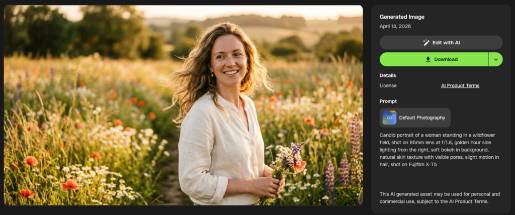 A smiling woman with long, wavy hair stands in a sunlit wildflower field, holding a small bouquet of flowers.