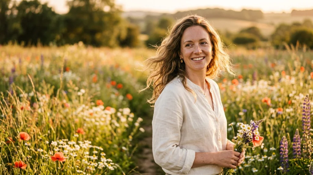 A smiling woman with long, wavy hair stands in a field of red poppies, white daisies, and purple flowers, holding a small bouquet.