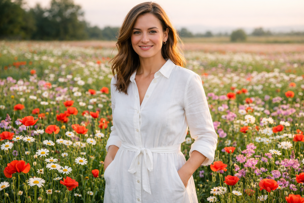 A smiling woman with brown hair in a white dress stands in a field of red poppies, white daisies, and pink flowers.