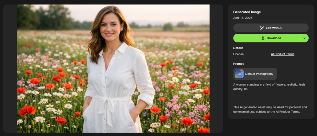 A smiling woman in a white dress stands in a field filled with red poppies, white daisies, and other colorful wildflowers.