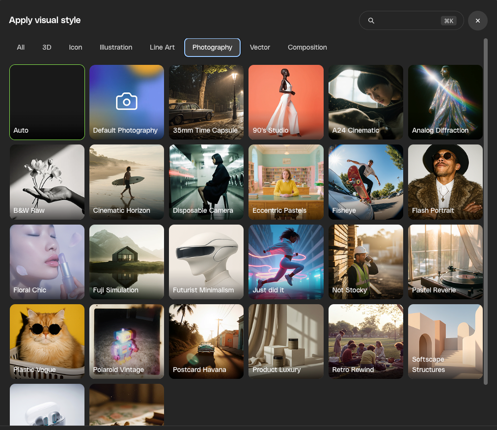 A user interface displaying a grid of visual style options under the 'Photography' category. Styles include 'Auto', 'Default Photography', '35mm Time Capsule', '90's Studio', 'A24 Cinematic', 'Analog Diffraction', 'B&W Raw', 'Cinematic Horizon', 'Disposable Camera', 'Eccentric Pastels', 'Fisheye', 'Flash Portrait', 'Floral Chic', 'Fuji Simulation', 'Futurist Minimalism', 'Just did it', 'Not Stocky', 'Pastel Reverie', 'Plastic Vogue', 'Polaroid Vintage', 'Postcard Havana', 'Product Luxury', 'Retro Rewind', and 'Softscape Structures'.