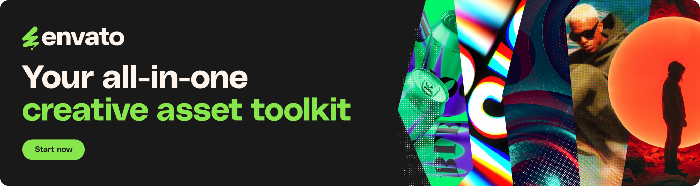 Envato banner with logo, text 'Your all-in-one creative asset toolkit', 'Start now' button, and a collage of diverse digital assets including a soda can, abstract patterns, a person in sunglasses, and a silhouette against an orange circle.