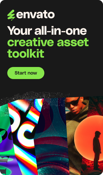 An advertisement for Envato, featuring the text 'Your all-in-one creative asset toolkit' and a 'Start now' button, above a collage of diverse creative assets including abstract art, a person in sunglasses, and a silhouette against an orange sphere.