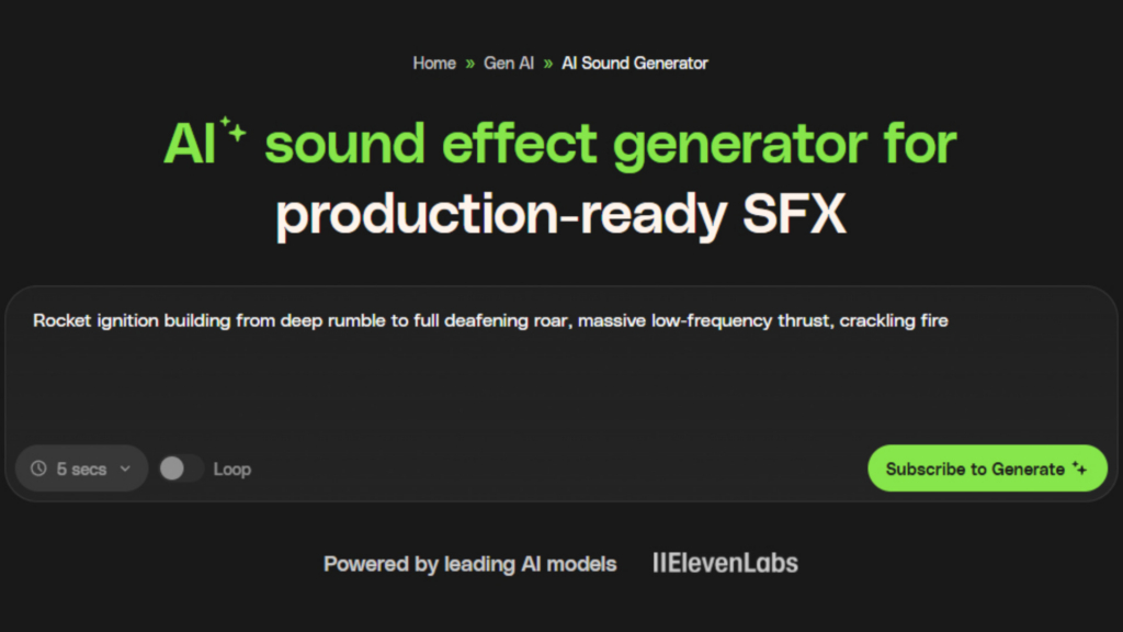 Screenshot of Envato's AI sound generator. The title reads 'AI+ sound effect generator for production-ready SFX'. An example prompt 'Rocket ignition building from deep rumble to full deafening roar...' is visible. Options for sound duration, loop, and a 'Subscribe to Generate' button are present. It is powered by ElevenLabs.