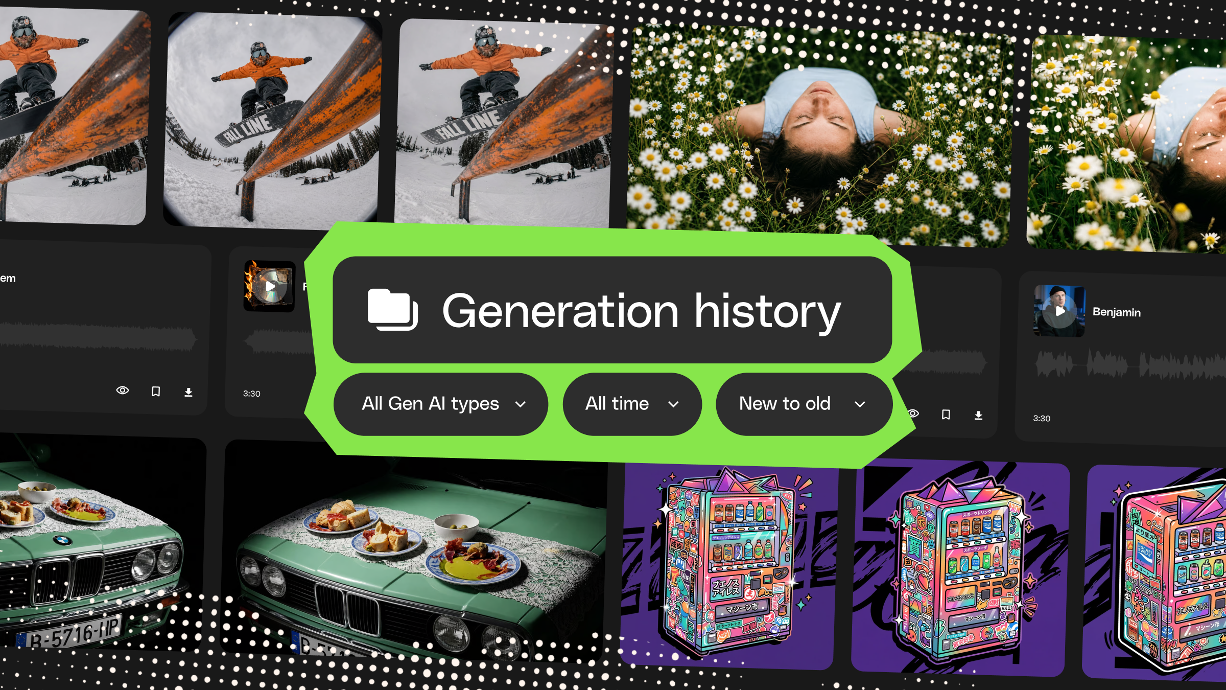 Generation history interface showing a grid of AI-generated images, audio, and creative outputs with filters for content type, date range, and sorting.
