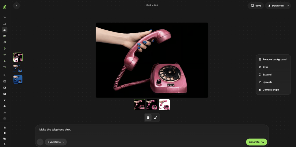 Screenshot of an AI image editing interface featuring a pink vintage rotary telephone with a hand holding the receiver against a black background, surrounded by UI elements and editing options.