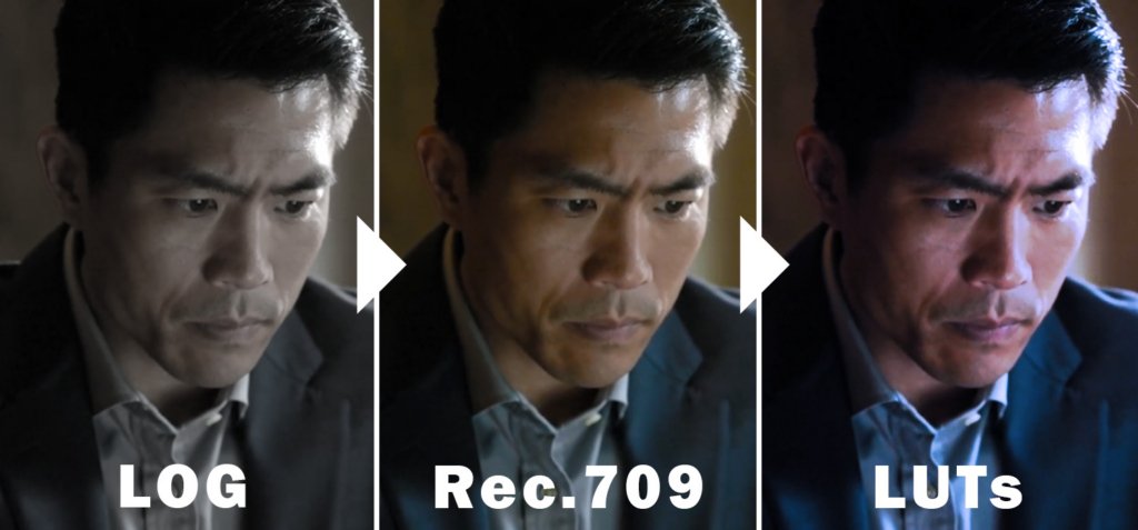 Three side-by-side images of a man, demonstrating the progression of color grading from a flat, desaturated 'LOG' profile, to a standard 'Rec.709' look, and finally to a vibrant, stylized 'LUTs' application.